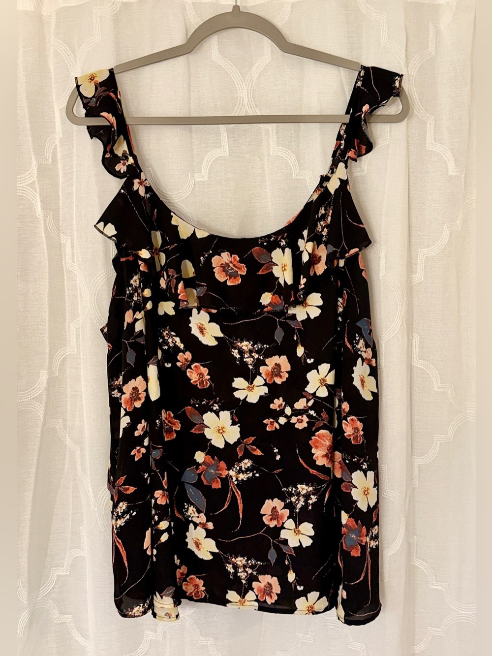 Maurices Black Floral Ruffle Strap Tank Top | Size 3